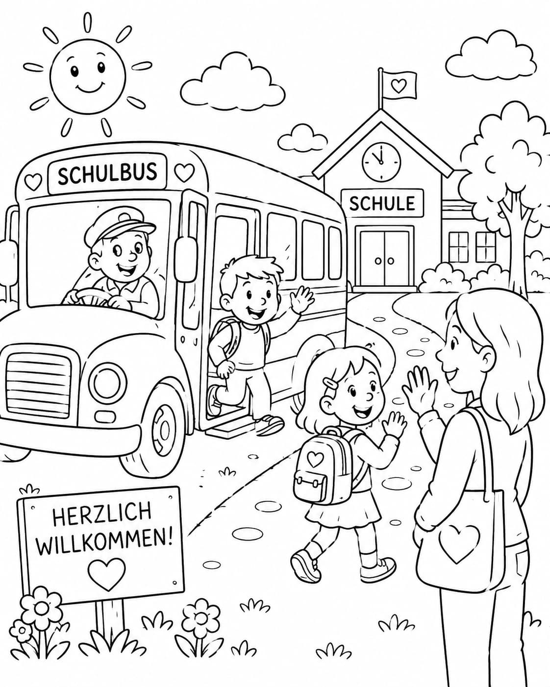 Einschulung Motiv 4 als kostenloses Ausmalbild für Kinder